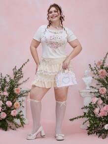 ROMWE Kawaii Borsa portatrucchi portatile di grandi dimensioni, con motivi carini da ragazza in pizzo bianco, quadretti rosa e fiocchi