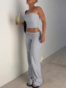 INAWLY 2pcs/Set Slim-Fit Sexy Ruffle Bandeau Top And Bell-Bottom Pants Set