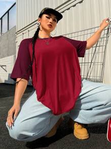 Muchica 大码夏季基本款休闲插肩袖短袖宽松T恤 - 紅色 - 查看 3