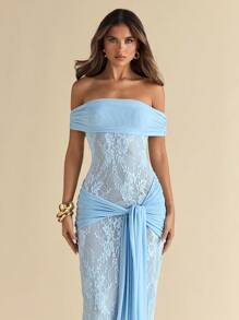 SHEIN BAE 夏季女式露肩蕾丝透视腰侧系带长裙/女士度假装/女士夏季连衣裙/女士沙滩装/蓝色连衣裙 - 藍色 - 查看 6