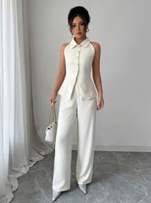 Modelyn 2pcs/Set Women Designed Collared Blouse And Slim Fit Pants, Elegant And Slimming - Apricot - View 4
