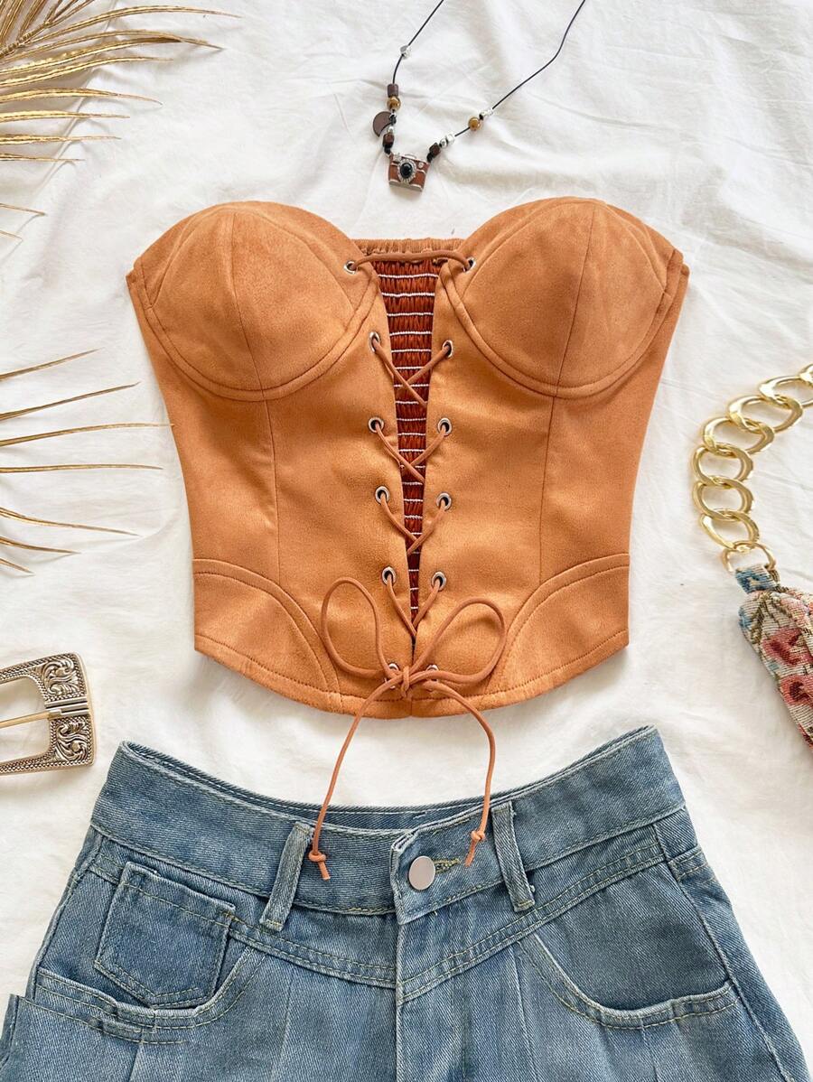 Soleia Bohemian Leather Camisole Top With Tie, Suede Panel, For Beach Vacation - Brown - View 1