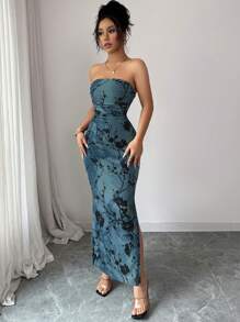 Rafferiza Women's Elegant Mesh Floral Print Strapless Bandeau Bodycon Long Dress