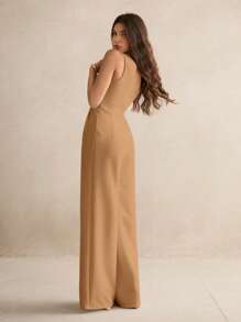 SHEIN Tall Casual Elegant Sleeveless Wide-Leg Black Jumpsuit - Camel - View 2