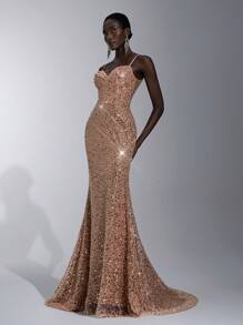 Elitara 优雅奢华香槟色亮片刺绣褶皱细肩带露背鱼尾连衣裙，适合约会、派对、正式场合、宴会（大量装饰） - 香檳色 - 查看 6