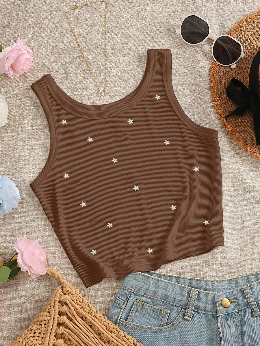 INAWLY Áo hai dây cổ tròn thêu hoa nhỏ xinh cho nữ - Cà phê nâu - Xem 1