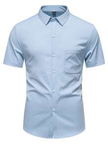 Manfinity Homme Men's Solid Simple Casual Short Sleeve Shirt - Blue - View 4
