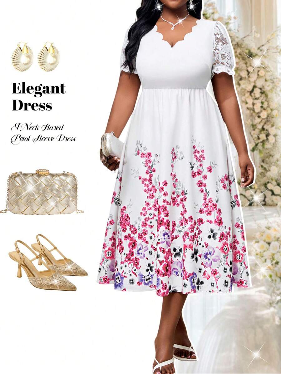 Fleurora 春夏优雅通勤办公室彩色V领喇叭花瓣袖撞色蕾丝中长短袖大码连衣裙女士夏季服装女士夏季连衣裙女士办公室服装女士服装夏季办公室连衣裙 - 彩色 - 查看 1