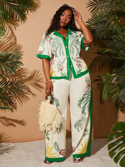 SHEIN SXY Plus Size Women's Spring&Summer Elegant Palm Tree Print 2PCS With Short Sleeve Loose Shirt + Matching Loose Pants Two Pieces Set,Suitable For Everyday Wear,Wedding ,BOHO,Tropical Vacation2 Piece Set Outfits For Women,Bohemian,Outing,Resort,Beach Vacation,Holiday,Seaside,Western Wear,Caribbean,Concert,Carnival Party,Richly Layered,Date Night,Ibiza,Nashville,Break,Modest,Chic,Cute,Casul,Shopping, Streetwear,Going Out,Coquette,Easy To Match&Looks Slim,Accent Your Body,Flatter The Figure