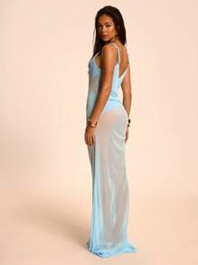 SHEIN BAE Women's Spring/Summer New Arrival Elegant & Romantic Vacation Dress With Halter And Hollow Out Back Design, Beach Dress/Swim Cover/Beach Vacation Outfits/Swimsuit Cover Up/Over Up/Blue Swimsuit, Tulle Wraps - Blue - View 1