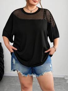 SHEIN CURVE+ 大码网眼拼接宽松不对称领口 T 恤，春夏/大码 T 恤/图案 T 恤 - 黑色 - 查看 8