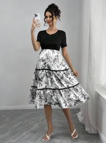 SHEIN Maternity Floral Print & Ruffle Patchwork Crew Neck Short Sleeve Dress - Black and White - View 1