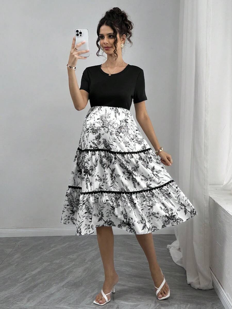 SHEIN Maternity Floral Print & Ruffle Patchwork Crew Neck Short Sleeve Dress - Black and White - View 1
