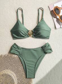 Swim Basics Spring Break Women's Beach Vacation Sexy Metal Decor All-Vegan High-Cut Pleated Thin Strap Bikini Set, Ladies Summer Swimsuit