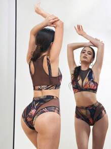 Menodora SHEIN Sport 女士热带印花胸前镂空拼接网眼运动套装 - 彩色 - 查看 2