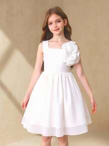 Tween Girl's Elegant Flower 3D Decor Sweet A-Line Dress - White - View 3