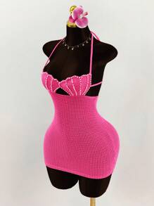 Amplova Vestido mini ajustado de ganchillo con parte superior halter atada y espalda descubierta con detalles de concha de perla - Rosa Fucsia - Ver 5