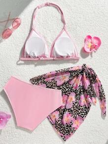 SHEIN 3pcs Teen Girls Light Pink Bikini Swimsuit Set With Leopard Floral Print Cover Up Skirt Summer Holiday - Pink - View 2