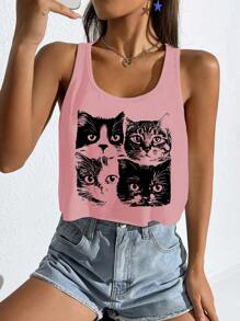 SHEIN EZwear 女士休闲可爱黑白猫咪图案超大U领无袖短款上衣，适合夏季