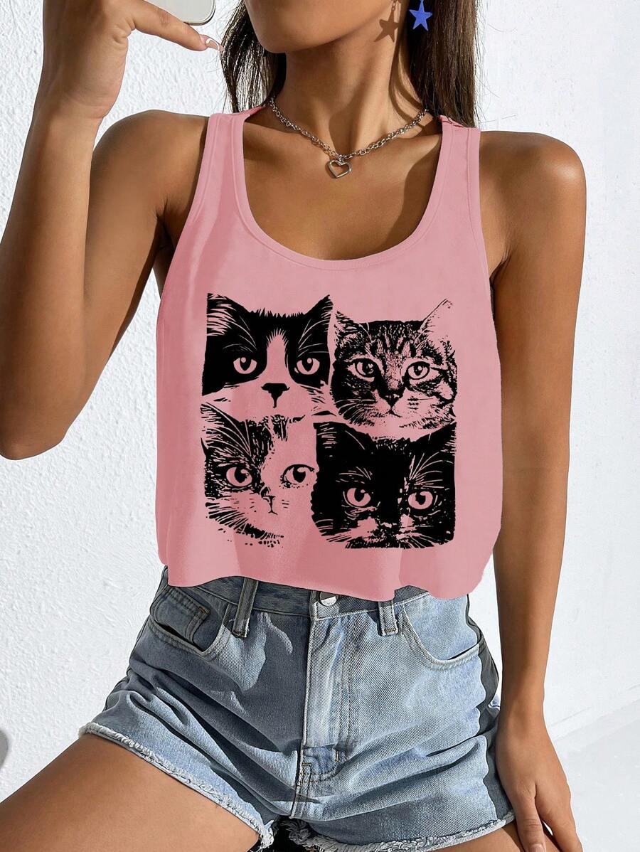 SHEIN EZwear 女士休闲可爱黑白猫咪图案超大U领无袖短款上衣，适合夏季