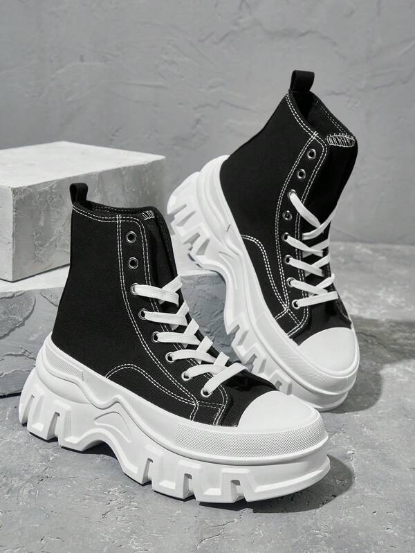Beok Tênis de lona casual feminino de cano alto, sapatos de sola grossa da moda, tamanho grande