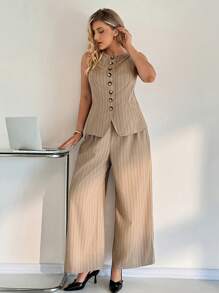 Auralis Ținute vintage de vară pentru profesoare, mărimi mari, casual, elegante, pentru navetiști, casual, pentru serviciu, haine de lucru, haine de birou, ținute de biserică, ținute de aeroport, ținute elegante, ținute de lucru, seturi de lenjerie pentru femei, set de două piese, vestă cu dungi, top cu nasturi și pantaloni largi. - Multicolor - Vizualizare 5