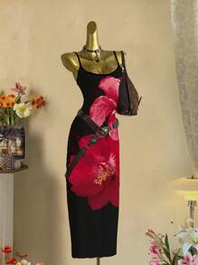 SHEIN EZwear Casual Minimalist Red Tropical Floral Allover Print Bodycon Maxi Dress, Suitable For Summer,Rave Outfits Festival,Summer Dresses For Women Suitable For Going Out - Black - View 9