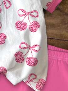 SHEIN Tween Girls 2Pcs Set - Casual Simple Sweet Pink Leopard & Cherry Print Short Sleeve T-Shirt & Shorts, Suitable For Summer, Easy Comfort - Multicolor - View 6