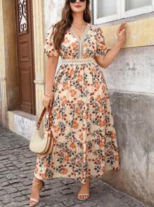 SHEIN Clasi 大码女式优雅花卉印花 V 领拼接镂空蕾丝荷叶边下摆 A 字长裙、飘逸连衣裙、女式鸡尾酒会礼服、Fairycore、正式礼服、晚礼服、端庄连衣裙 - 彩色 - 查看 4