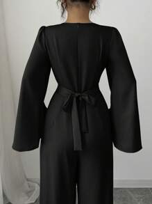 Elenzga Women's Elegant Plunge Neck Fitted Satin Black Jumpsuit Fall Cloth For Women - Black - View 3