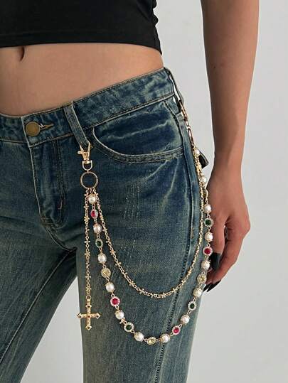 Fairycore 1 pieza Cadena de cintura vintage glamorosa con cristal y perla falsa, cadena de pantalón cruzada de mujer, usada para decorar pantalones