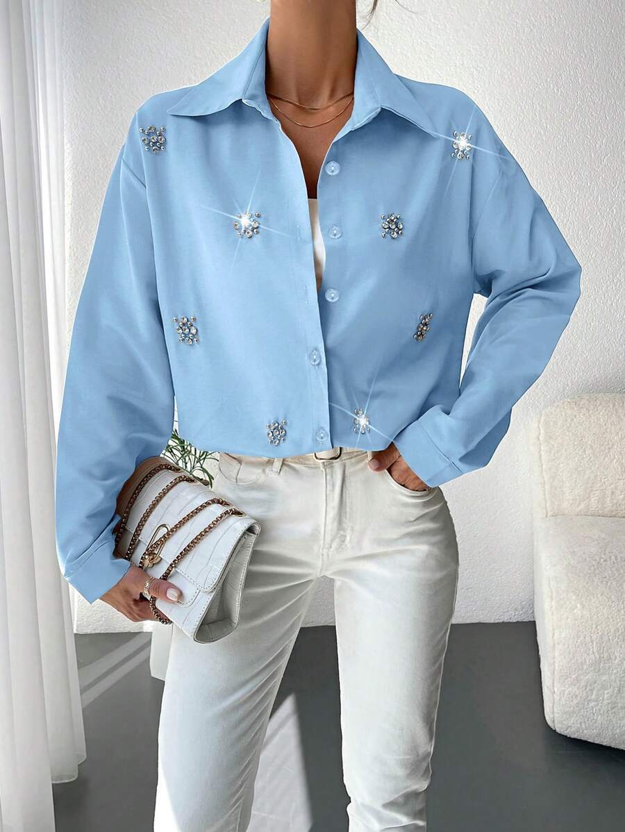 EURMUSE Cotton Women's Rhinestone Decorated Drop Shoulder Blouse - Baby Blue - View 1