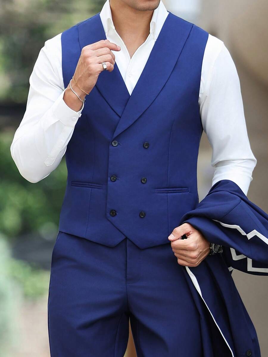 Manfinity Mode Bộ vest vest công sở không tay cổ tròn hai hàng khuy trơn màu cho nam - Xám - Xem 1