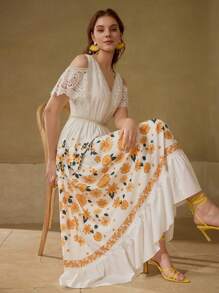 MOTF PREMIUM VESTIDO CON ESTAMPADO FLORAL Y ENCAJE DE CONTRASTE - Amarillo - Ver 1