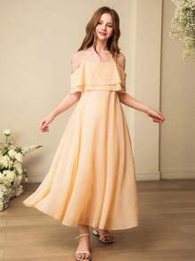 SHEIN Tween Girls' Elegant Summer Apricot Off Shoulder Chiffon Dress,Wedding Guest Formal High-Waist Long Soft Gown For Graduation,Wedding,Flower Girl Party - Apricot - View 4