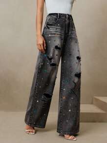 Anewsta Quần Jeans Xanh Nữ Thời Trang Cổ Điển Hiện Đại Màu Giặt Đính Đá Rhinestone, Thích Hợp Cho Lễ Hội Và Đi Chơi - màu đen - Xem 6