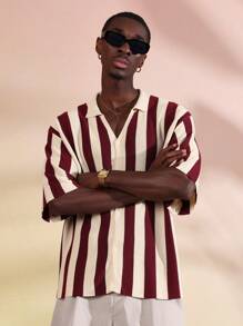SUMWON Camisa estilosa de manga corta con botones y rayas, de punto con costillas, uso casual de fin de semana y estilo resort, moda para verano y primavera, con cuello - Burdeos - Ver 6