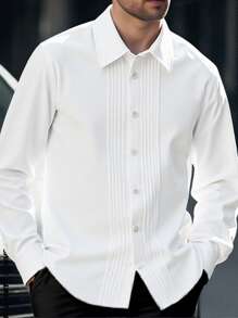 SHEIN Teen Boy Gentleman Style White Versatile Discounted Slim Fit Long Sleeve Shirt, Casual/Business Elegant Collegiate Personalized Shirt, Suitable For Daily Wear, Wedding, Wedding Guest, Pageboy, Ring Boy - White - View 3