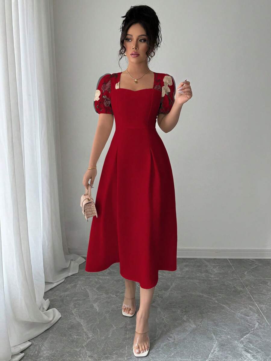 Elenzga 方领泡泡袖刺绣腰部褶饰女式连衣裙 - 紅色 - 查看 1
