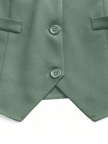 SHEIN LUNE Women's Solid Color V-Neck Sleeveless Single-Breasted Commute Vest Jacket - Olive Green - View 7