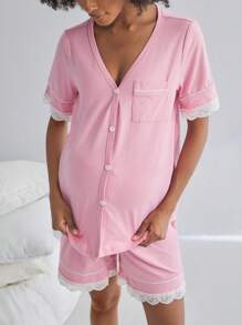 BloomMama 2 Packs Maternity Short Sleeve Nursing Pajama Set With Lace&Button,Lounge Set Fashion Sleepwear - Pink - View 5