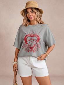 SHEIN VCAY Plus Size Minimalist Print Round Neck Short Sleeve T-Shirt Western Clothes For Women Boho Women Clothing Graphic Tees Women Leisure Vacation - Khaki - View 3