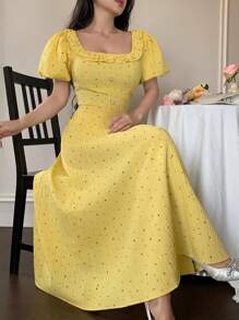 Modelyn Vestido largo amarillo de estilo vacacional, de moda, romántico y dulce para mujeres - Mostaza Amarilla - Ver 1