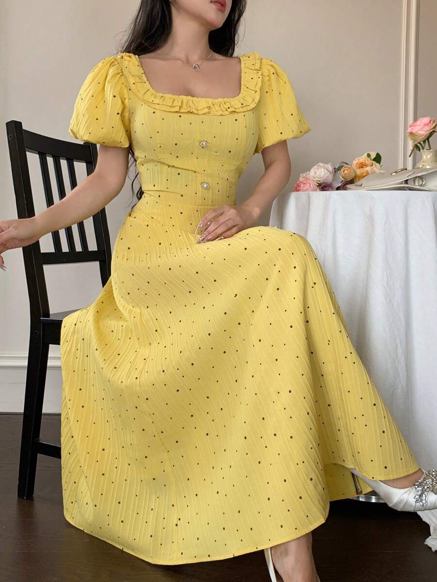 Modelyn Vestido largo amarillo de estilo vacacional, de moda, romántico y dulce para mujeres - Mostaza Amarilla - Ver 1