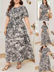 Modelyn Women Plus Size Elegant Retro Short Sleeve Round Neck Maxi Dress - Apricot - View 1