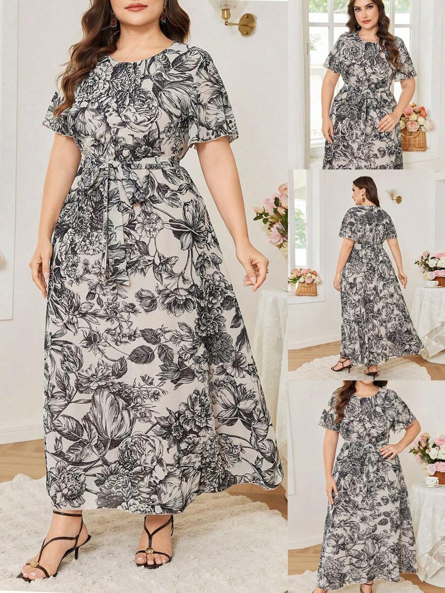 Modelyn Women Plus Size Elegant Retro Short Sleeve Round Neck Maxi Dress - Apricot - View 1