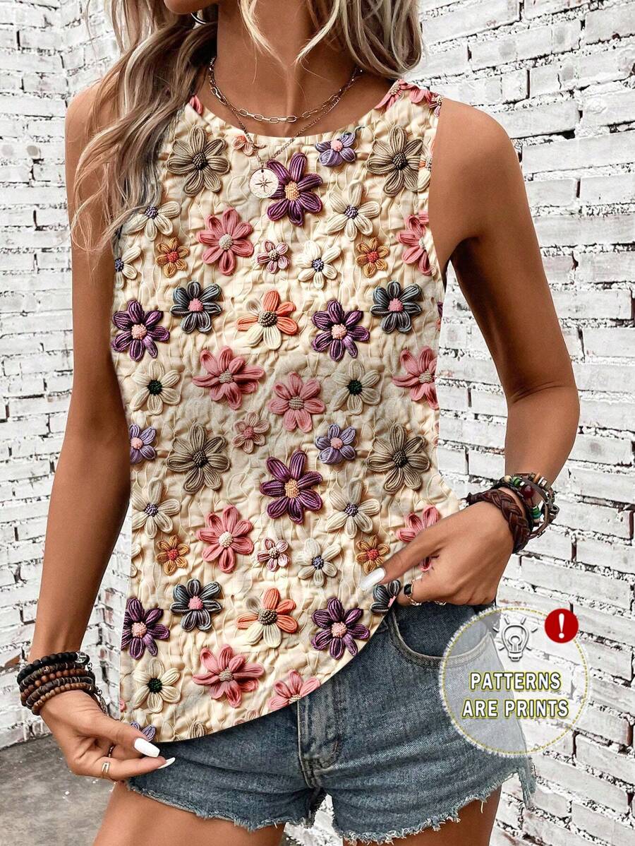 EMERY ROSE Casual Minimalist Colorful Floral Pattern Women Tank Top, Suitable For Summer Vacation