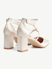 CUCCOO CHICEST Giày cao gót vuông mũi nhọn thanh lịch cho nữ, dây chéo bằng vải satin, màu trắng, phù hợp với trang phục trang trọng, tiệc tùng, công sở, đa năng, buổi tối - Màu be - Xem 10