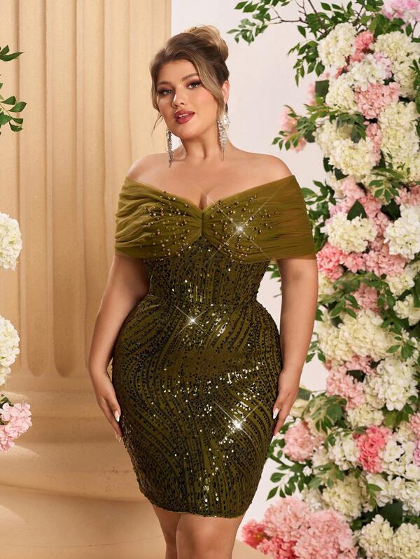 Lovelzi Plus Size Elegant Organza & Sequin Detail Green Bow Decor Bodycon Mini Skirt, Suitable For Wedding, Party, Club, Holiday