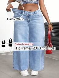 SHEIN PETITE CURVE Damen Große Größen Blaue asymmetrische Taille Loose Fit Lange Jeans Sommer Urlaub Cowgirl Western Wear Damen Business Lässig Frau Festival Flughafen Abschluss Ibiza Strand Hawaii Konzert Kreuzfahrt Boho Rave Rave Festival Y2k Cowboy Streetwear Gyaru 2000er Disco 2025 fließende Hosen Baggy Jeans geeignet für den täglichen Gebrauch 4. Juli